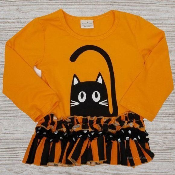 Halloween Black Cat Ruffle Striped Outfit Set - Picture 2 of 5
